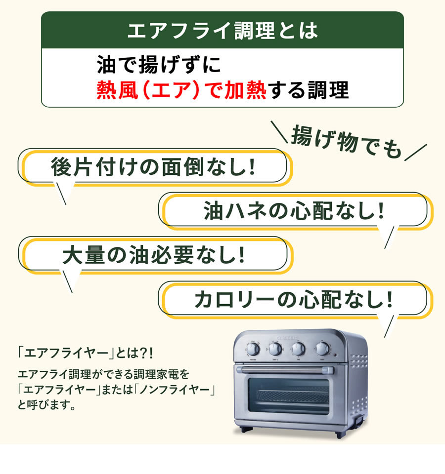 エアフライ調理とは油で揚げずに熱風（エア）で加熱する調理